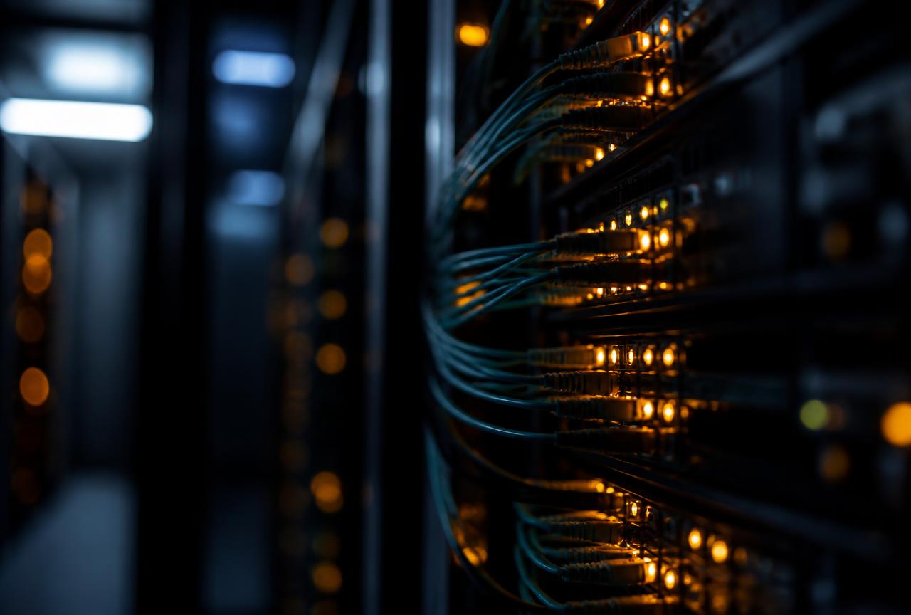 Fibre optic cabling and illuminated network ports inside a data centre aisle
